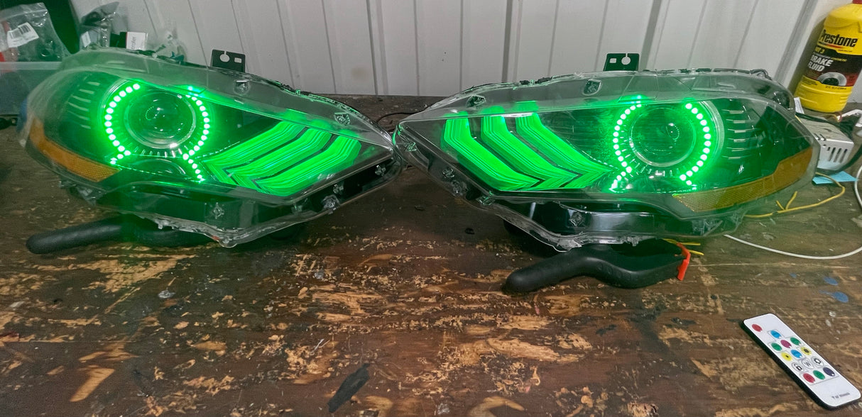 2018-2023 Ford Mustang RGBW Color-Chasing LED DRL Halo Prebuilt Headlights (Flow Series) LED headlight kit AutoLEDTech Oracle Lighting Trendz Flow Series RGBHaloKits OneUpLighting Morimoto