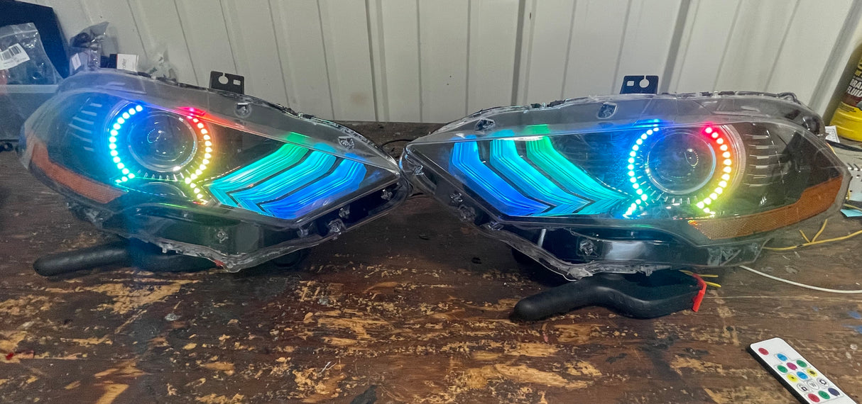 2018-2023 Ford Mustang RGBW Color-Chasing LED DRL Halo Prebuilt Headlights (Flow Series) LED headlight kit AutoLEDTech Oracle Lighting Trendz Flow Series RGBHaloKits OneUpLighting Morimoto