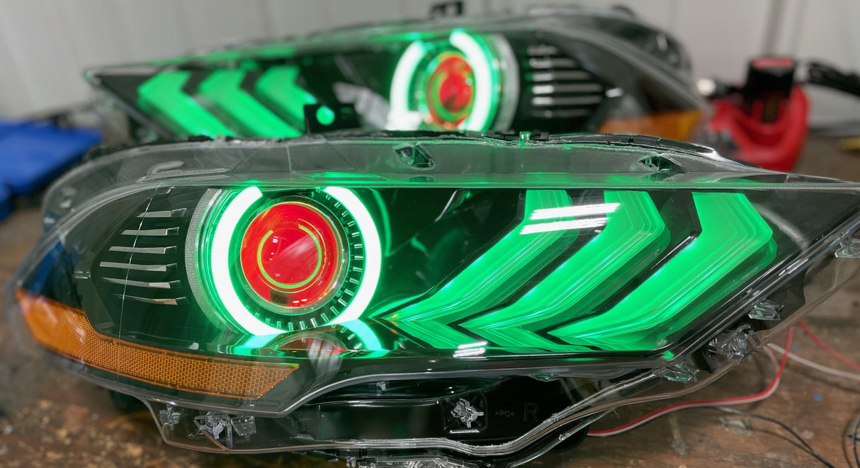 2018-2023 Ford Mustang RGBW Color-Chasing LED DRL Halo Prebuilt Headlights (Flow Series) LED headlight kit AutoLEDTech Oracle Lighting Trendz Flow Series RGBHaloKits OneUpLighting Morimoto