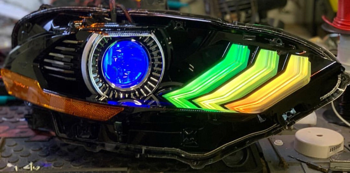 2018-2022 Ford Mustang RGBW Color-Chasing LED DRL Boards LED headlight kit AutoLEDTech Oracle Lighting Trendz Flow Series RGBHaloKits OneUpLighting Morimoto