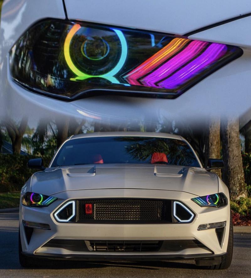 2018-2023 Ford Mustang RGBW Color-Chasing LED DRL Halo Prebuilt Headlights (Flow Series) LED headlight kit AutoLEDTech Oracle Lighting Trendz Flow Series RGBHaloKits OneUpLighting Morimoto