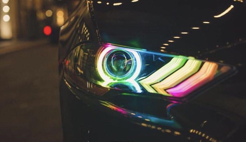 2018-2023 Ford Mustang RGBW Color-Chasing LED DRL Halo Prebuilt Headlights (Flow Series) LED headlight kit AutoLEDTech Oracle Lighting Trendz Flow Series RGBHaloKits OneUpLighting Morimoto