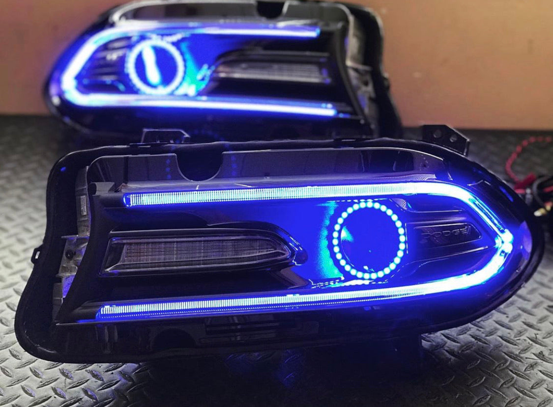 2015-2023 Dodge Charger RGBW Color-Chasing Halo LED DRL Prebuilt Halo Headlights (Flow Series) LED headlight kit AutoLEDTech Oracle Lighting Trendz Flow Series RGBHaloKits OneUpLighting Morimoto