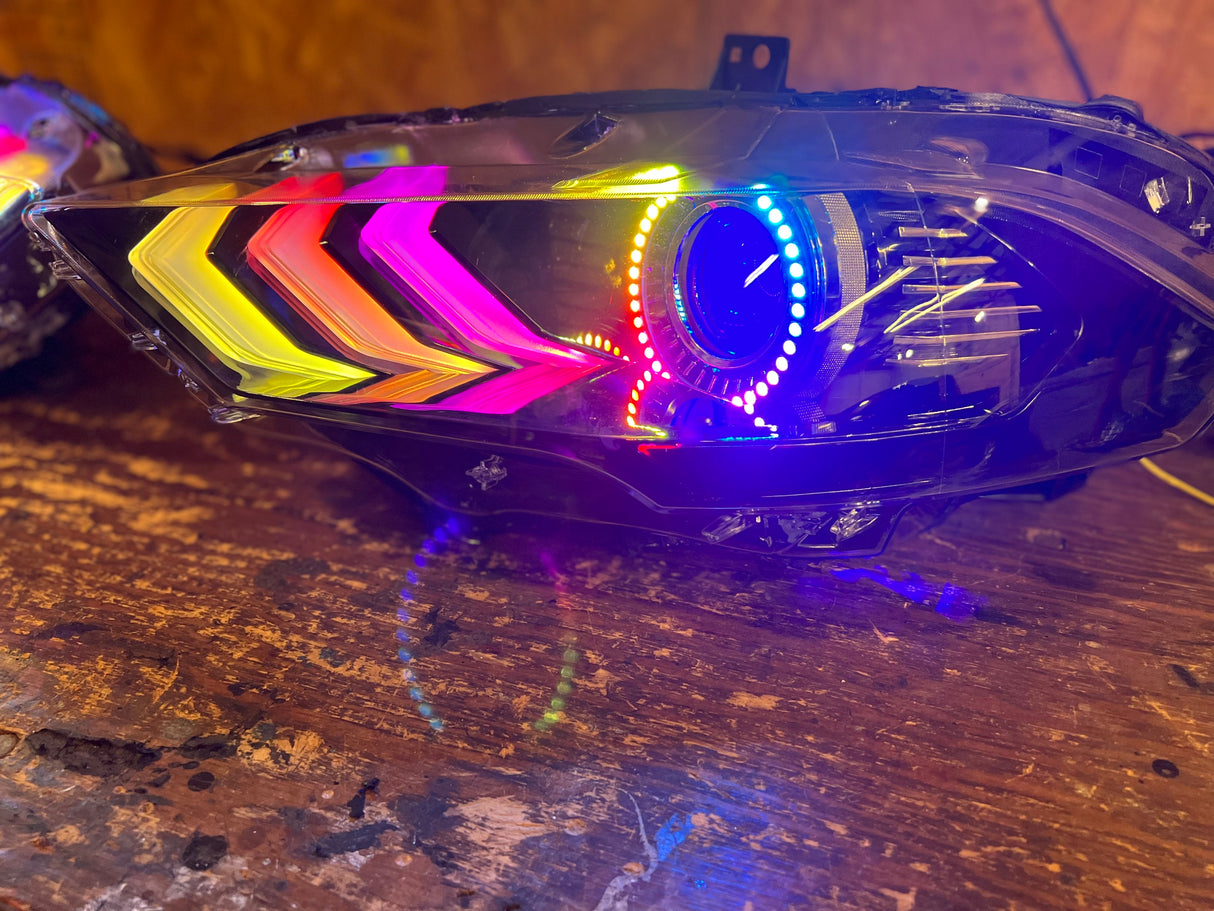 2018-2023 Ford Mustang RGBW Color-Chasing LED DRL Halo Prebuilt Headlights (Flow Series) LED headlight kit AutoLEDTech Oracle Lighting Trendz Flow Series RGBHaloKits OneUpLighting Morimoto