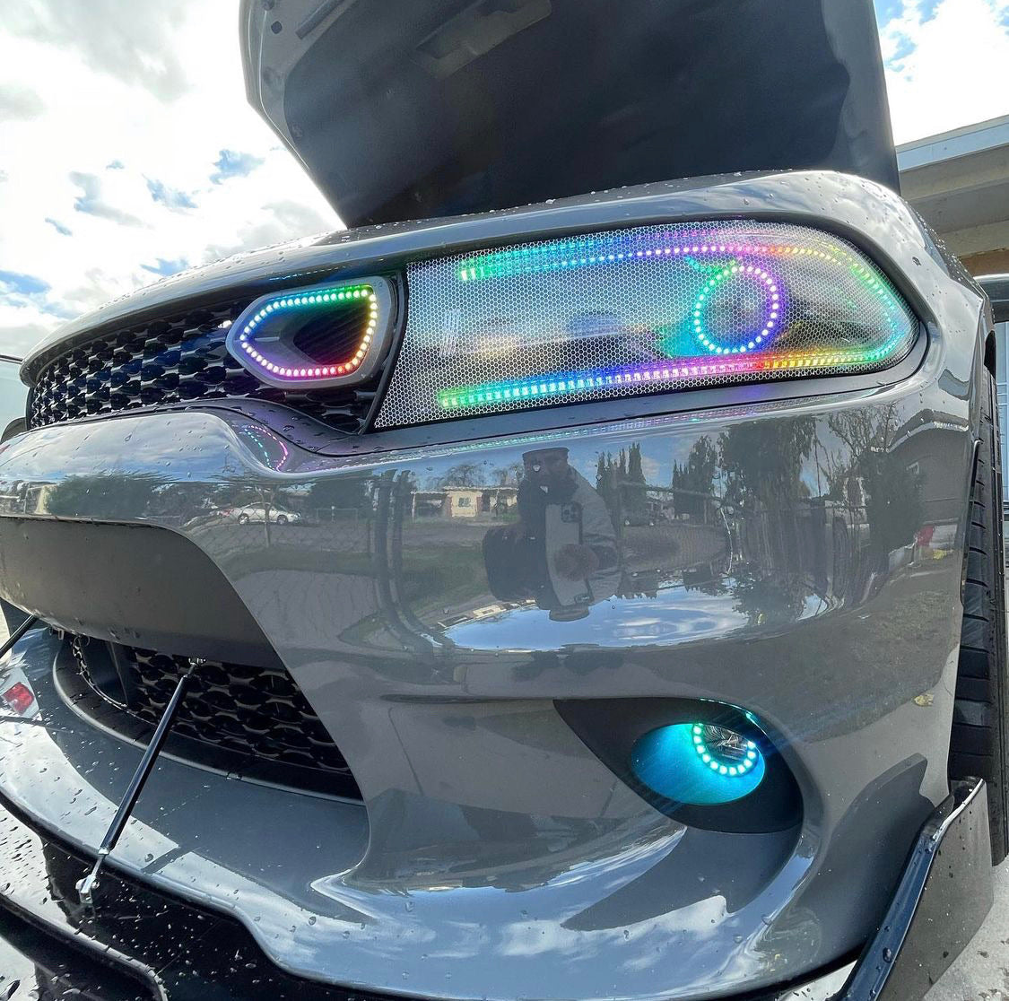 2015-2023 Dodge Charger RGBW Color Chasing LED Grill Snorkel Air Intake Halo Kit LED headlight kit AutoLEDTech Oracle Lighting Trendz Flow Series RGBHaloKits OneUpLighting Morimoto