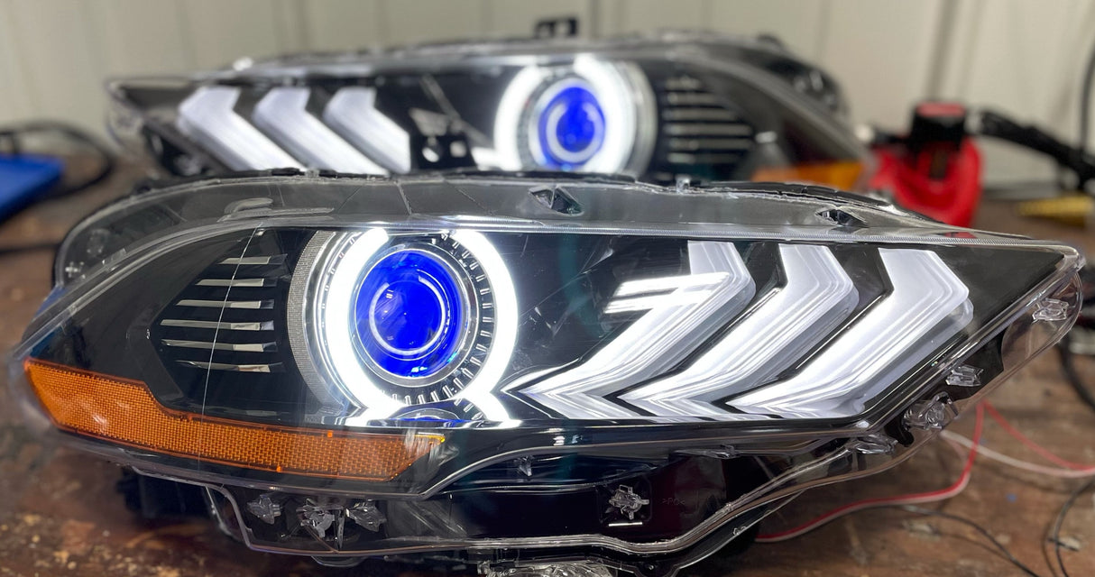 2018-2023 Ford Mustang RGBW Color-Chasing LED DRL Halo Prebuilt Headlights (Flow Series) LED headlight kit AutoLEDTech Oracle Lighting Trendz Flow Series RGBHaloKits OneUpLighting Morimoto