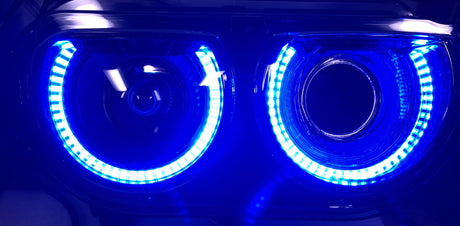 2008-2014 Dodge Challenger RGBW Color-Chasing LED Halo DRL Projector Headlights - 2015+ Style Design LED headlight kit AutoLEDTech Oracle Lighting Trendz Flow Series RGBHaloKits OneUpLighting Morimoto