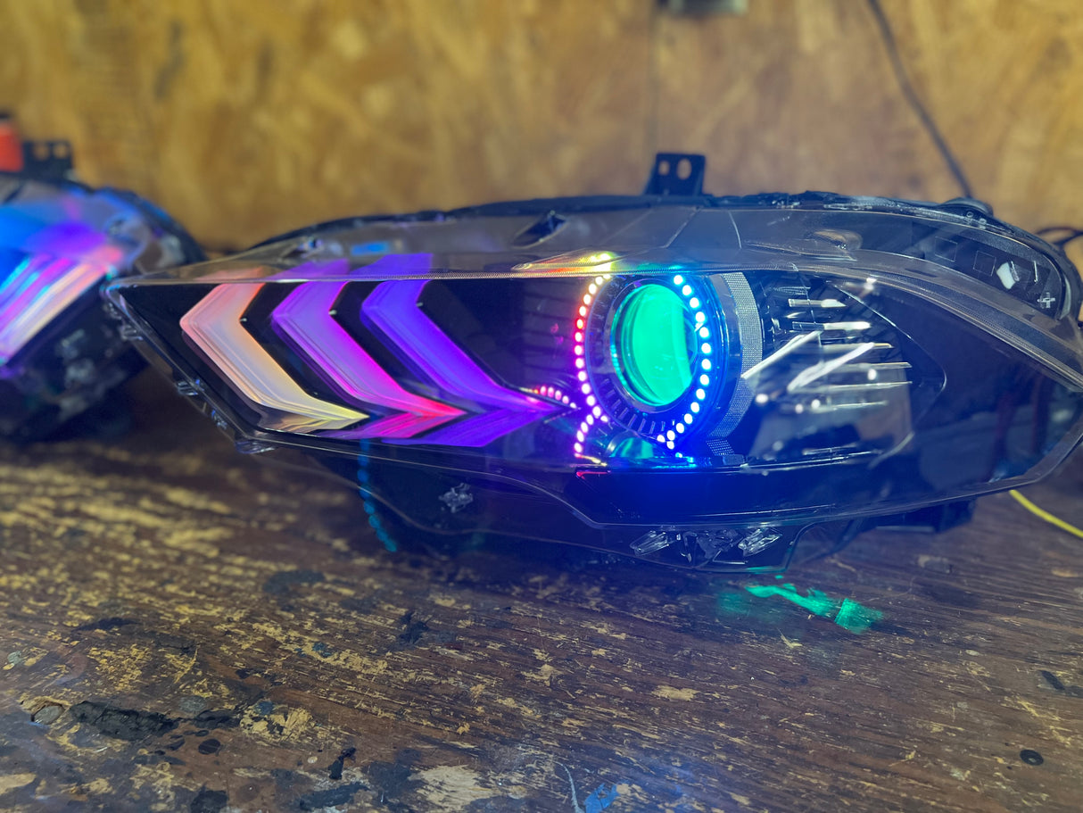 2018-2023 Ford Mustang RGBW Color-Chasing LED DRL Halo Prebuilt Headlights (Flow Series) LED headlight kit AutoLEDTech Oracle Lighting Trendz Flow Series RGBHaloKits OneUpLighting Morimoto