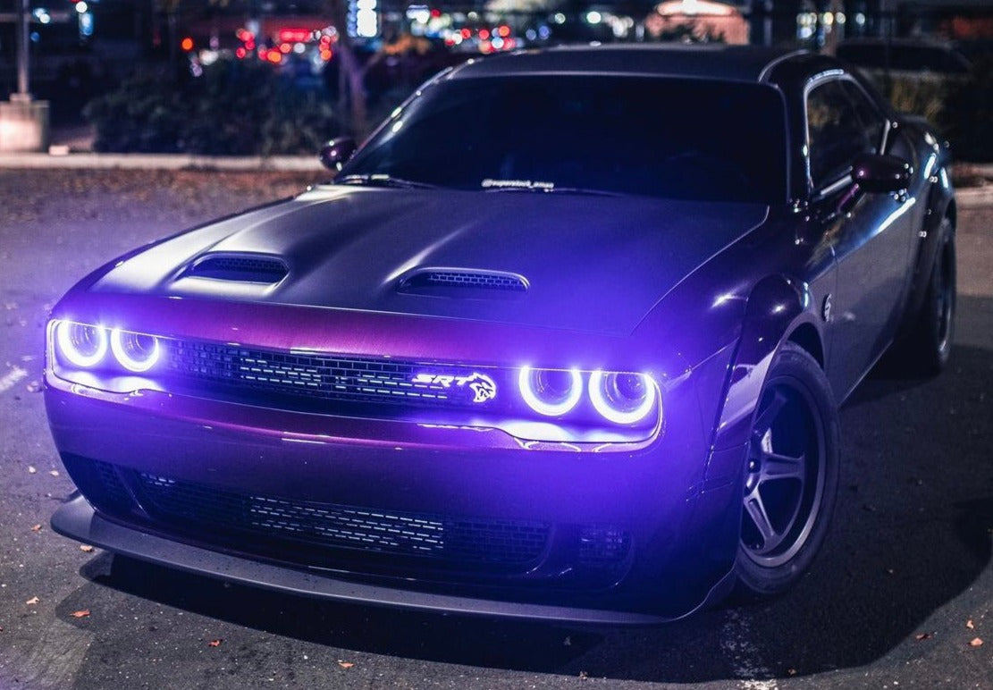 2015-2023 Dodge Challenger RGBW Color-Chasing LED Halo DRL Prebuilt Headlights (Flow Series) LED headlight kit AutoLEDTech Oracle Lighting Trendz Flow Series RGBHaloKits OneUpLighting Morimoto