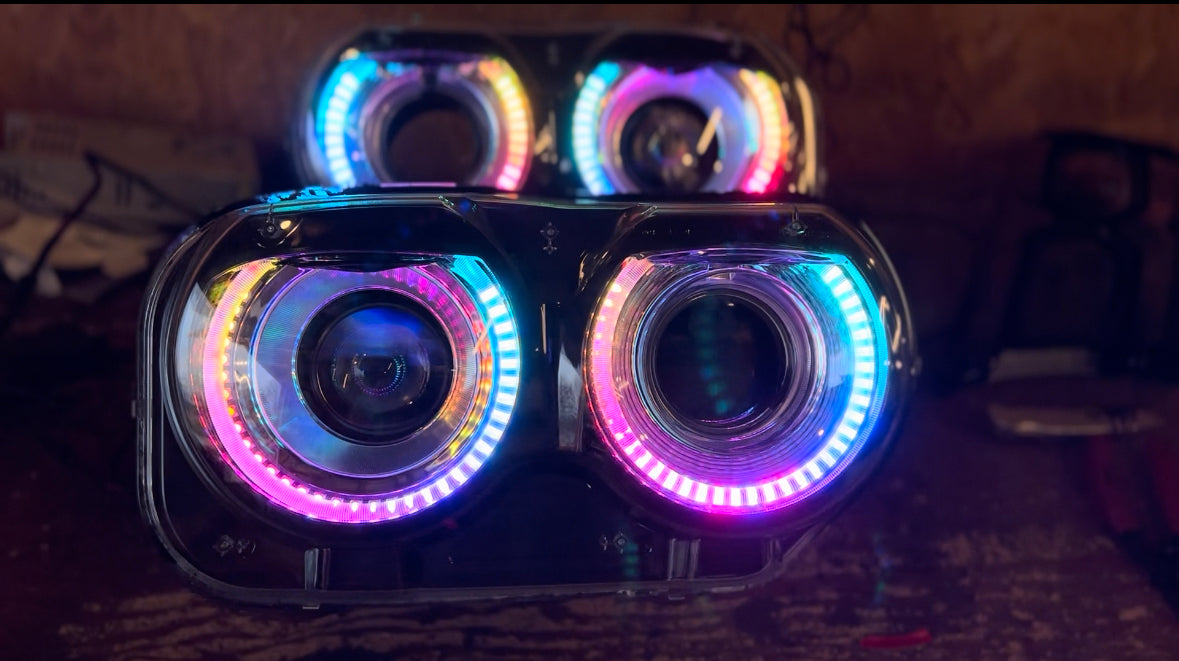 2015-2023 Dodge Challenger RGBW Color-Chasing LED Halo DRL Prebuilt Headlights (Flow Series) LED headlight kit AutoLEDTech Oracle Lighting Trendz Flow Series RGBHaloKits OneUpLighting Morimoto
