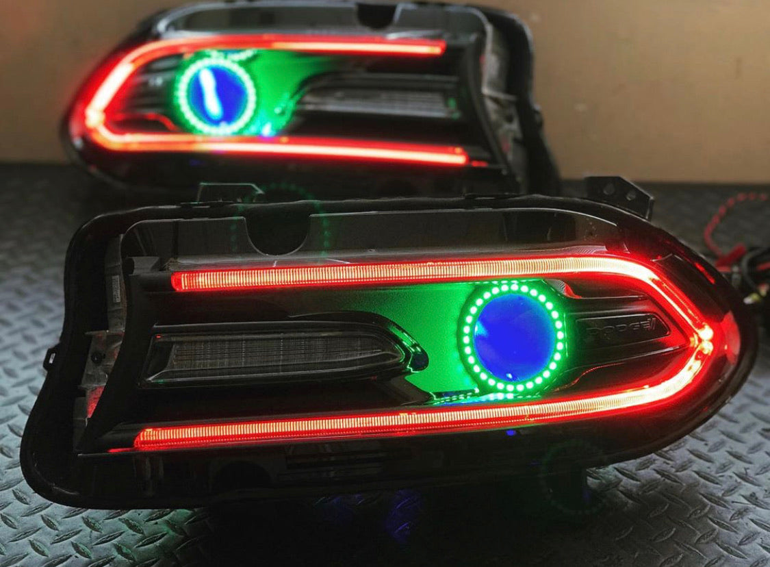 2015-2023 Dodge Charger RGBW Color-Chasing Halo LED DRL Prebuilt Halo Headlights (Flow Series) LED headlight kit AutoLEDTech Oracle Lighting Trendz Flow Series RGBHaloKits OneUpLighting Morimoto