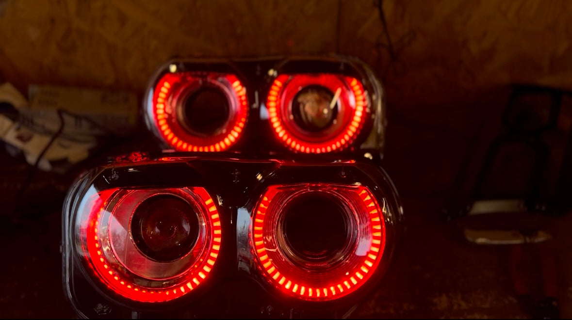 2015-2023 Dodge Challenger RGBW Color-Chasing LED Halo DRL Prebuilt Headlights (Flow Series) LED headlight kit AutoLEDTech Oracle Lighting Trendz Flow Series RGBHaloKits OneUpLighting Morimoto