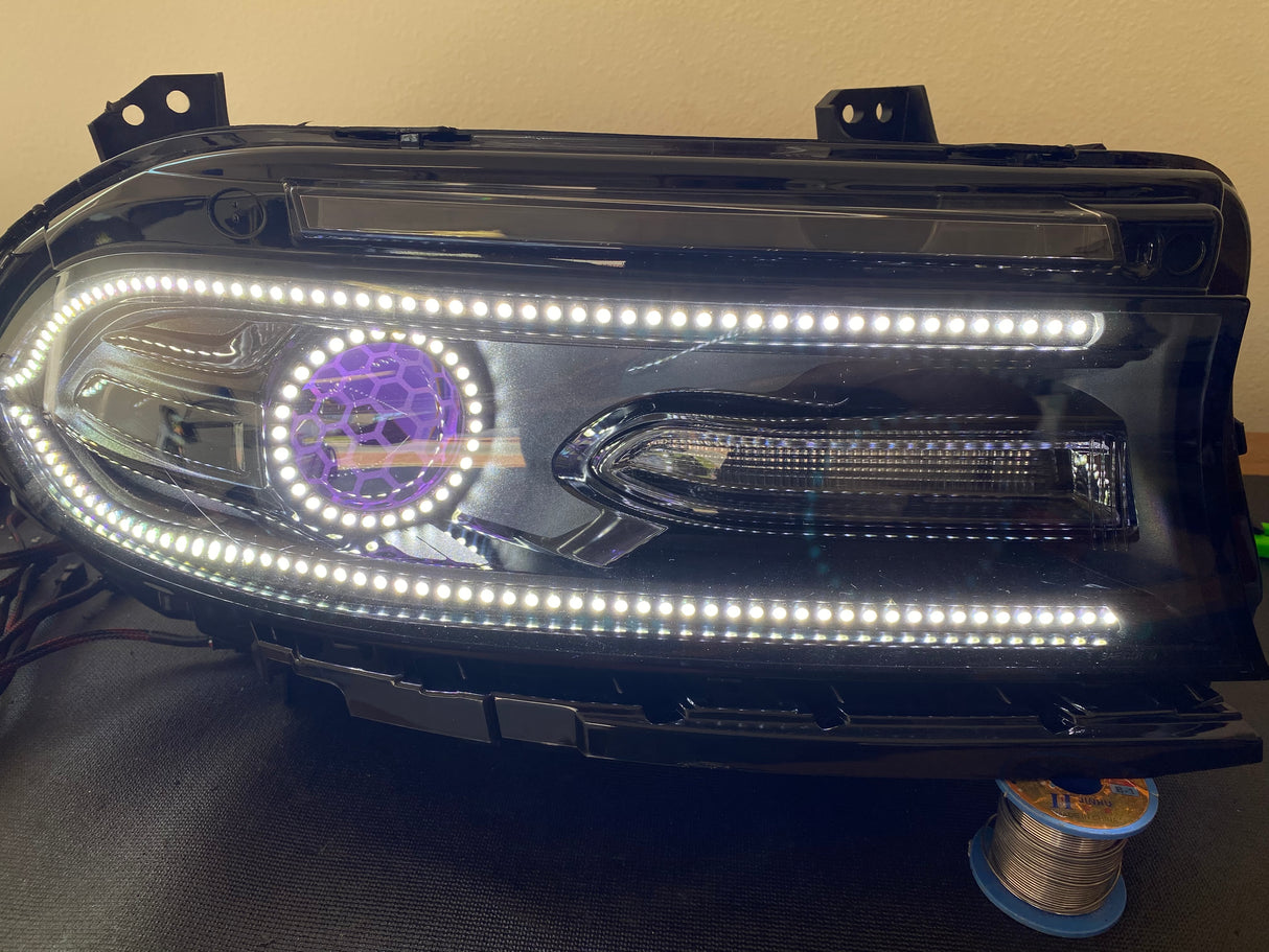 2015-2023 Dodge Charger RGBW Color-Chasing Halo LED DRL Prebuilt Halo Headlights (Flow Series) LED headlight kit AutoLEDTech Oracle Lighting Trendz Flow Series RGBHaloKits OneUpLighting Morimoto