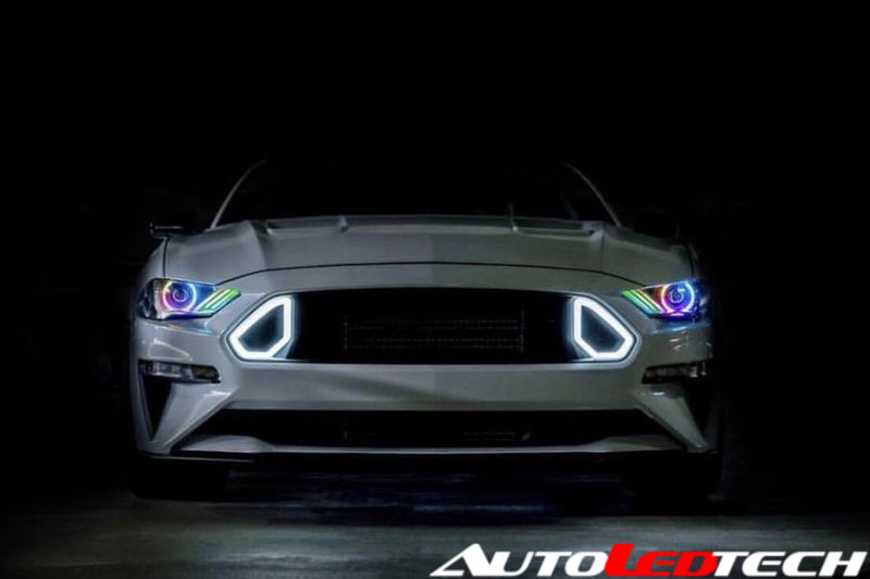 2018-2023 Ford Mustang RGBW Color-Chasing LED DRL Halo Prebuilt Headlights (Flow Series) LED headlight kit AutoLEDTech Oracle Lighting Trendz Flow Series RGBHaloKits OneUpLighting Morimoto