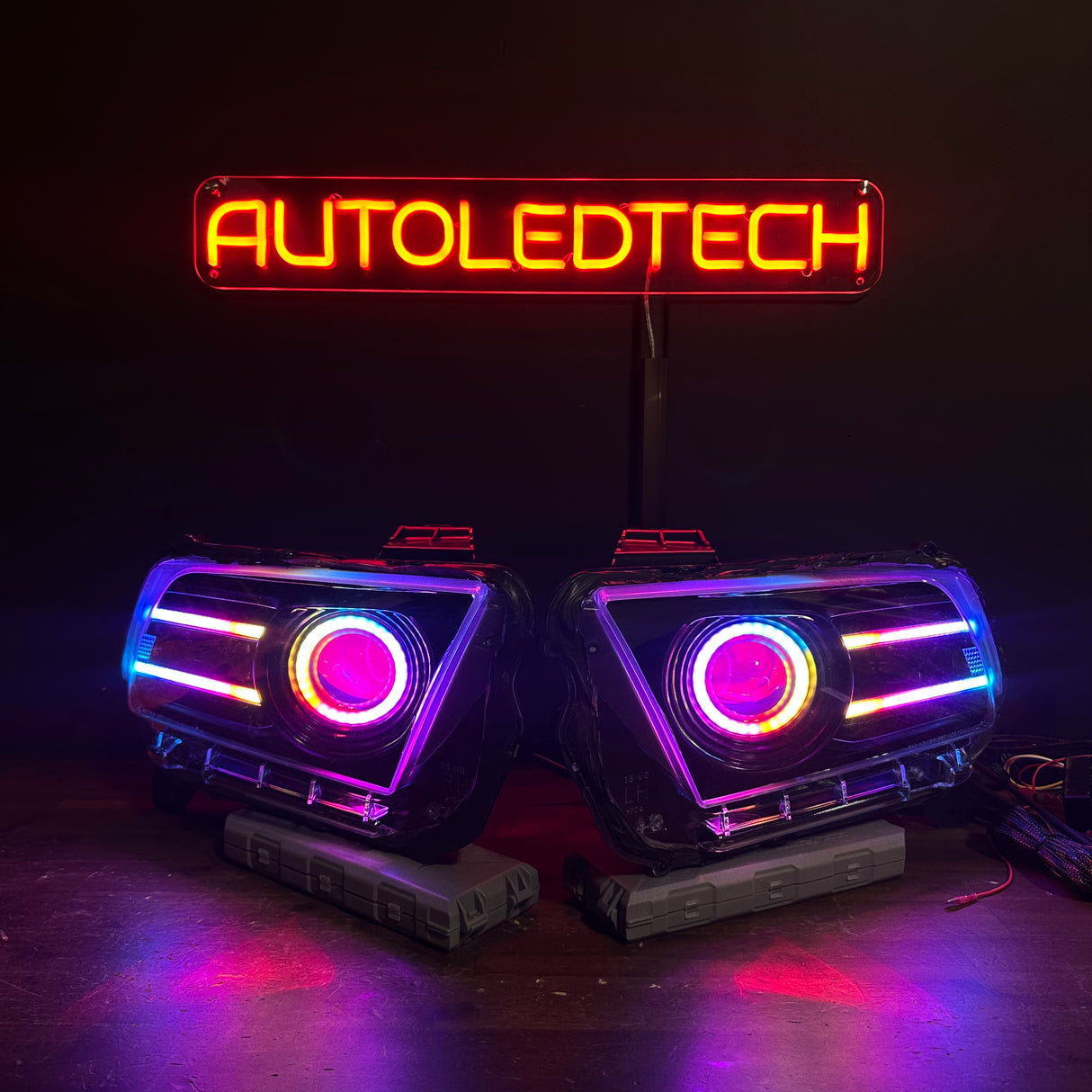 2010-2014 Ford Mustang RGBW Flow Series LED DRL Halo Prebuilt Headlights - AutoLEDTech.com
