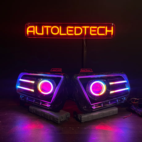2010-2014 Ford Mustang RGBW Flow Series LED DRL Halo Prebuilt Headlights - AutoLEDTech.com