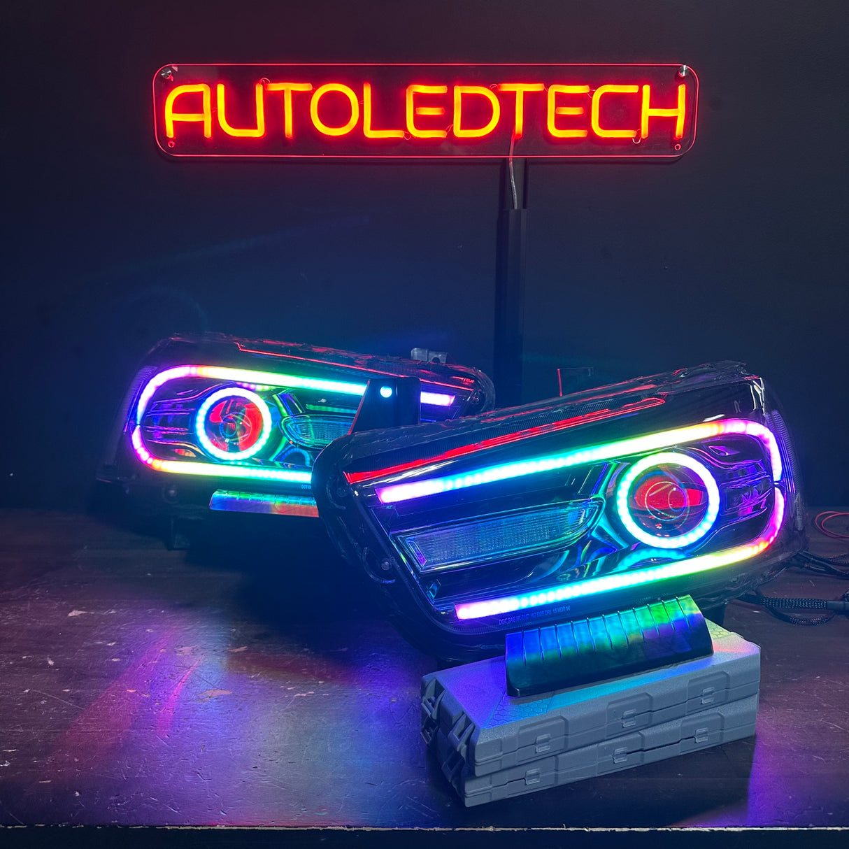 2011-2014 Dodge Charger RGBW Flow Series LED DRL Projector Headlights - AutoLEDTech.com