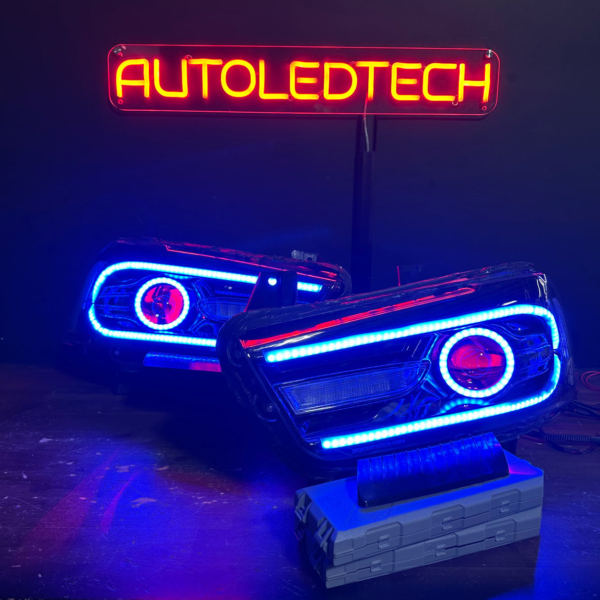 2011-2014 Dodge Charger RGBW Flow Series LED DRL Projector Headlights - AutoLEDTech.com