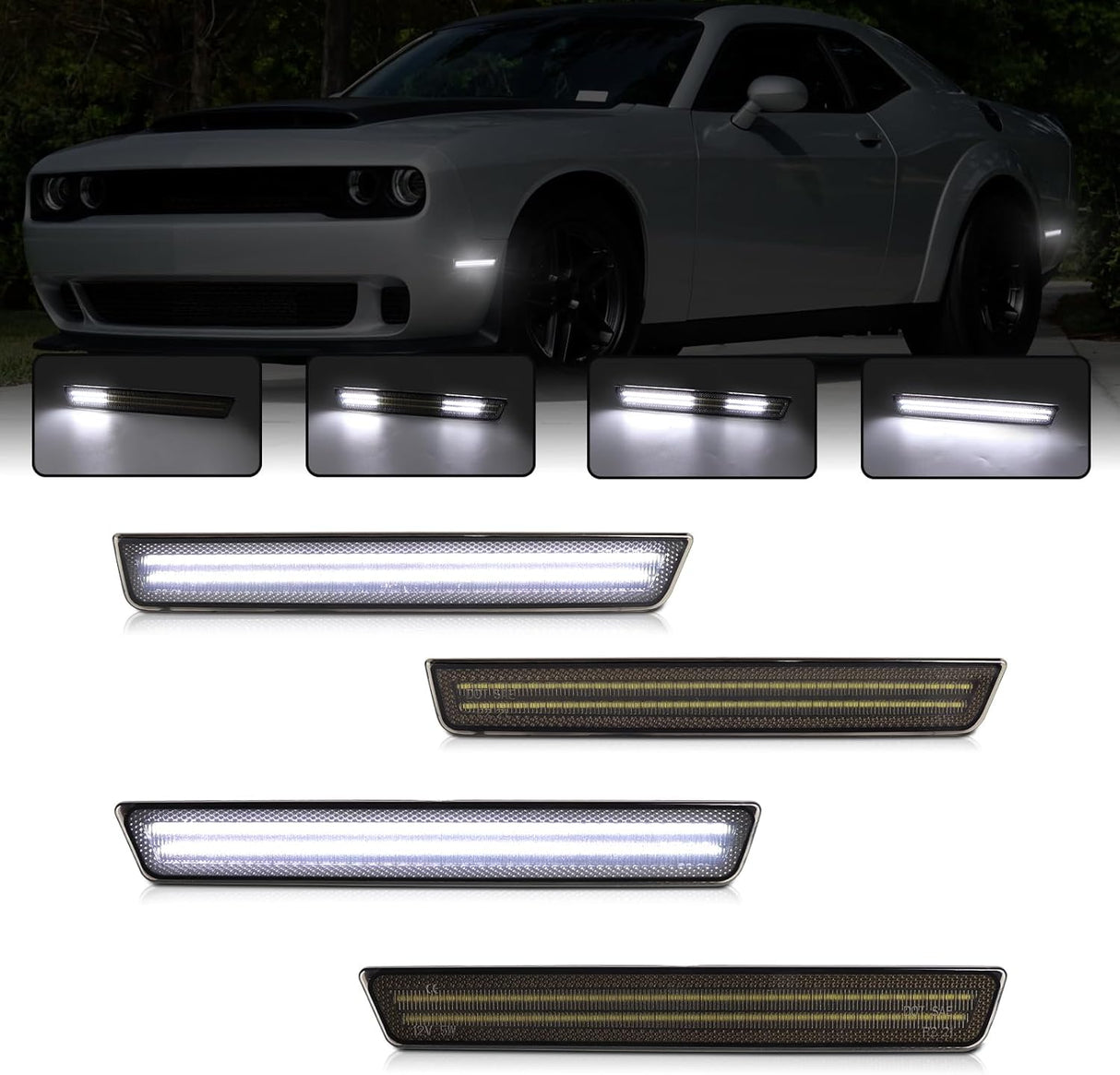 2015-2023 Dodge Challenger SCANNING White LED Smoked Side Marker Lights - AutoLEDTech.com