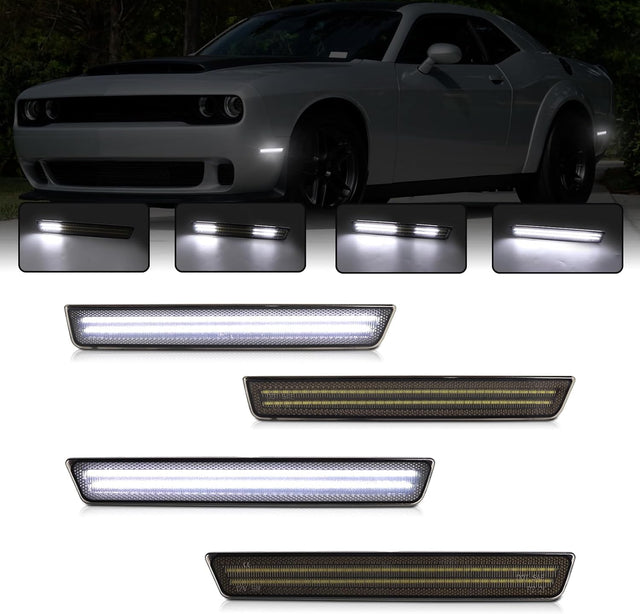 2015-2023 Dodge Challenger SCANNING White LED Smoked Side Marker Lights - AutoLEDTech.com