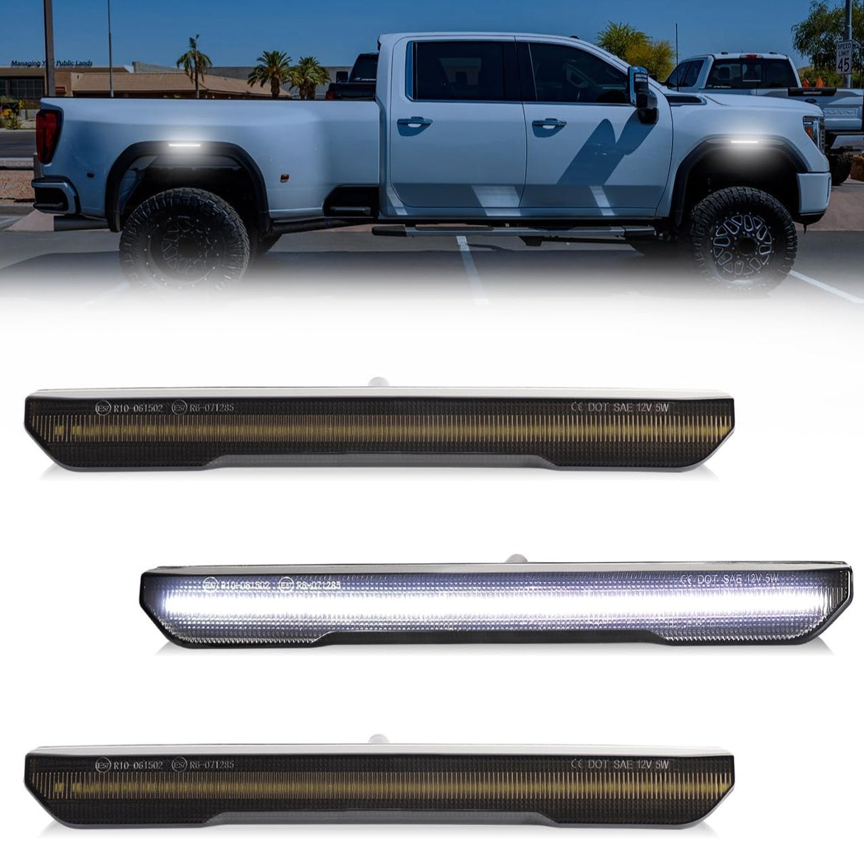 2020-2026+ GMC Sierra HD 2500 Smoked White Amber SCANNING LED Side Markers - AutoLEDTech.com