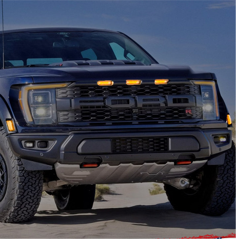 2021-2025+ Ford Raptor Smoked White/Amber Scanning LED Grill + Fender Lights - AutoLEDTech.com