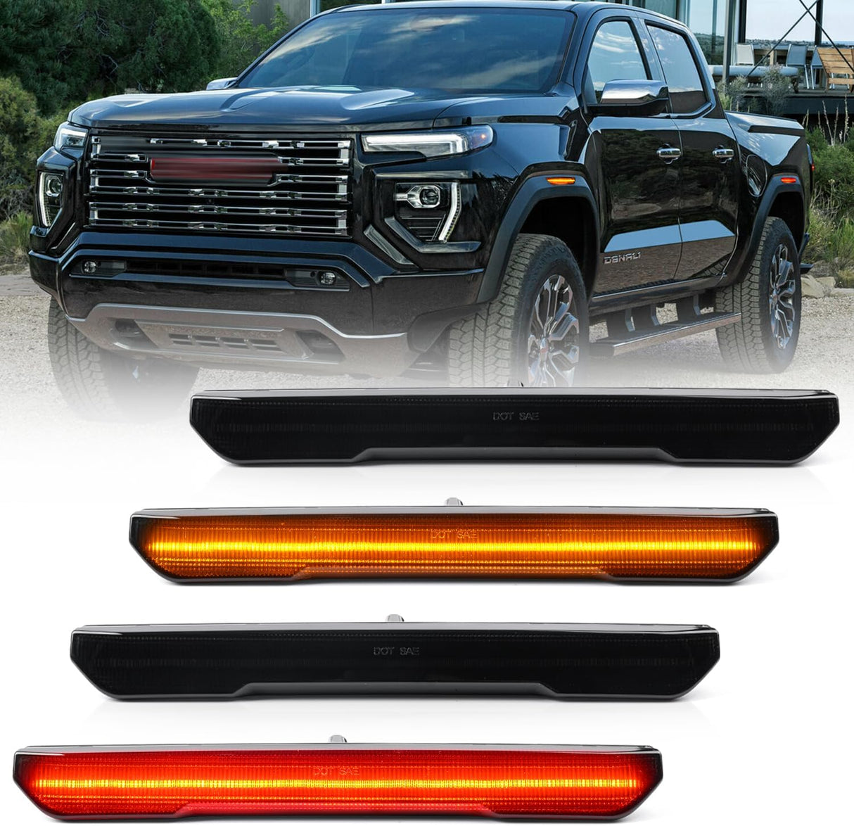 2023-2026+ GMC Canyon Smoked White Amber SCANNING LED Side Markers - AutoLEDTech.com