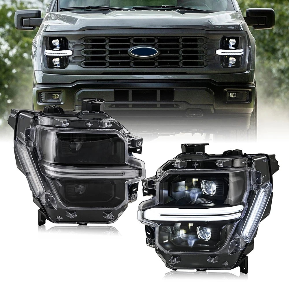 2024-2026 Ford F150 White + Amber LED DRL Projector Headlights (STX XLT XL) - AutoLEDTech.com
