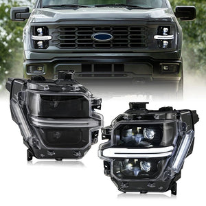 2024-2026 Ford F150 White + Amber LED DRL Projector Headlights (STX XLT XL) - AutoLEDTech.com