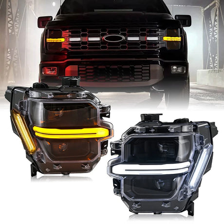 2024-2026 Ford F150 White + Amber LED DRL Projector Headlights (STX XLT XL) - AutoLEDTech.com
