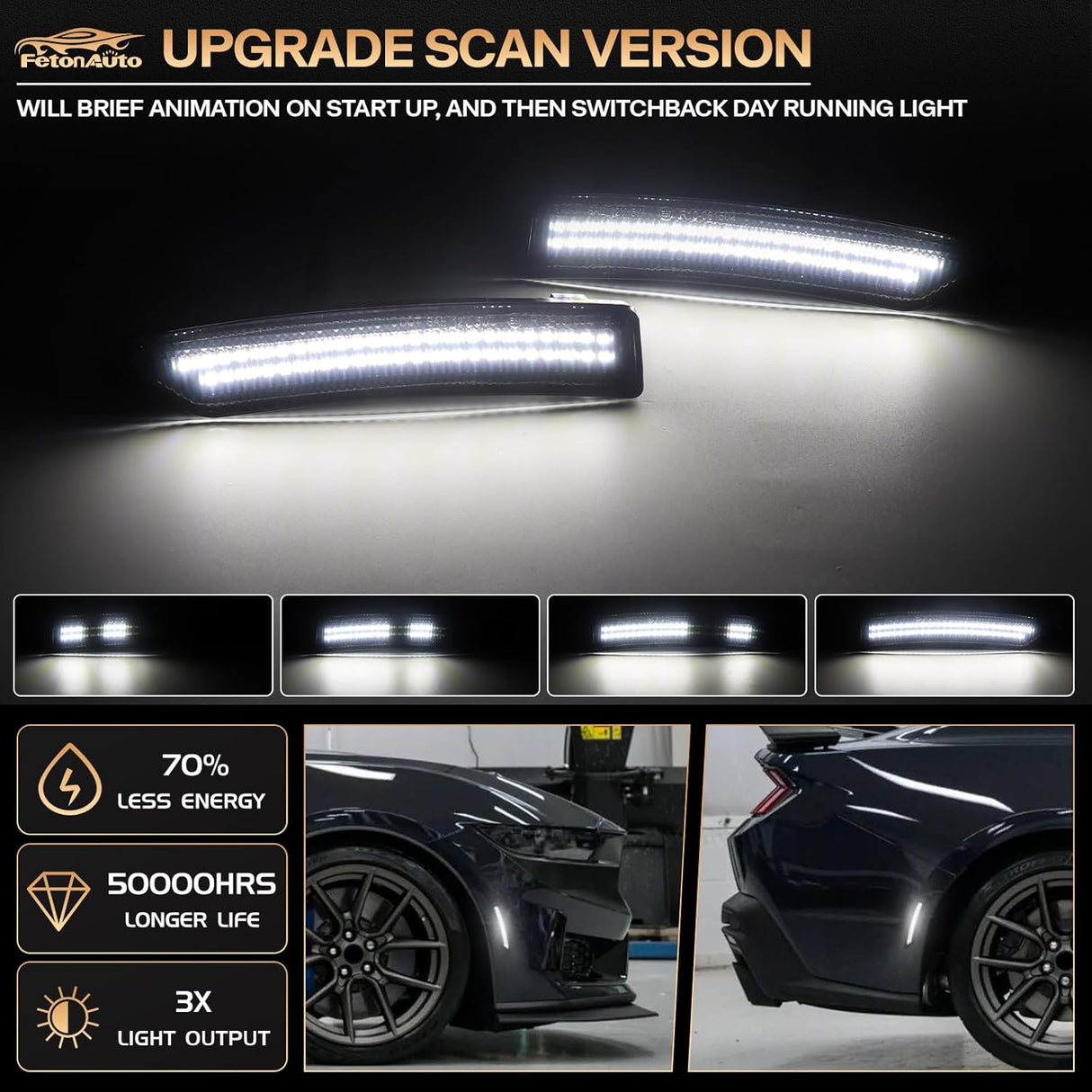 2024-2026+ Ford Mustang S650 SCANNING White LED Smoked Side Marker Lights - AutoLEDTech.com