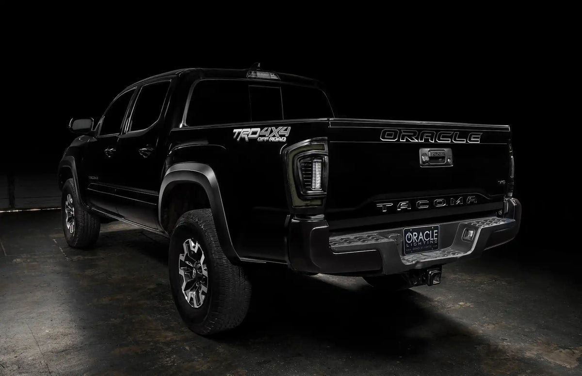 Rear three quarter view of Tacoma with smoked flush mount LED tail lights