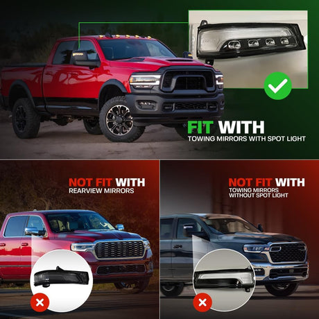 2023-2026+ Ram 1500 2500 HD Smoked White Amber LED Tow Mirror Lights - AutoLEDTech.com