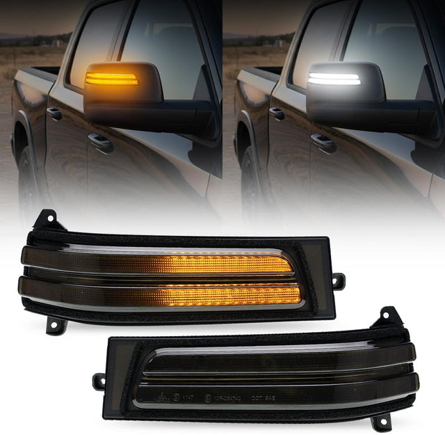 2023-2026+ Ram 1500 2500 HD Smoked White Amber LED Tow Mirror Lights - AutoLEDTech.com
