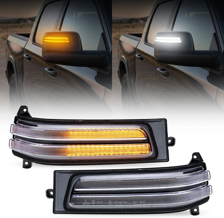 2023-2026+ Ram 1500 2500 HD Smoked White Amber LED Tow Mirror Lights - AutoLEDTech.com