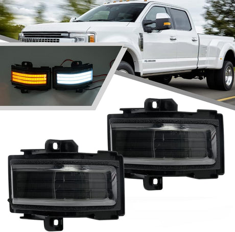 2017-2026+ Ford Super Duty F250 Smoked White Amber LED Mirror Lights - AutoLEDTech.com