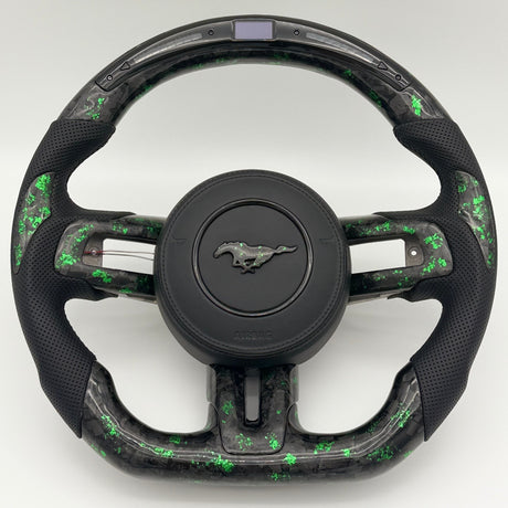 2015-2023 Ford Mustang `Forged Carbon Fiber LED Steering Wheel Green Accents - IN STOCK - AutoLEDTech.com