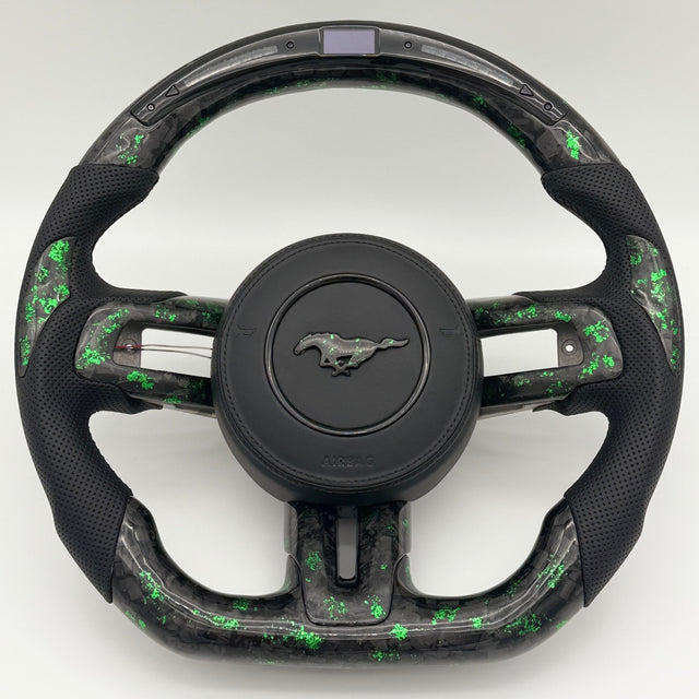 2015-2023 Ford Mustang `Forged Carbon Fiber LED Steering Wheel Green Accents - IN STOCK - AutoLEDTech.com