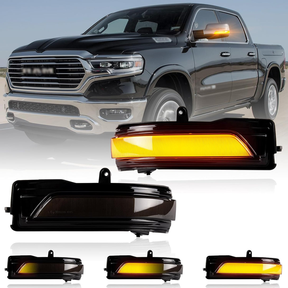2019-2024 Ram 1500 & TRX Clear Smoked Amber Scanning LED Mirror Lights - AutoLEDTech.com