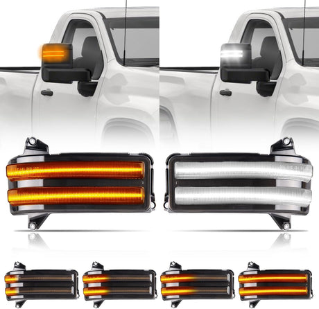 2020-2026+ GMC Chevy Sierra Silverado Smoked Switchback LED Mirror Lights - AutoLEDTech.com