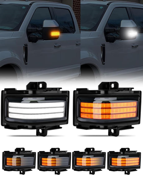 2017-2026+ Ford Super Duty F250 Smoked White Amber LED Mirror Lights - AutoLEDTech.com