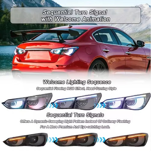 2014-2017 Infiniti Q50 Clear RGB Flow LED Tail Lights - AutoLEDTech.com
