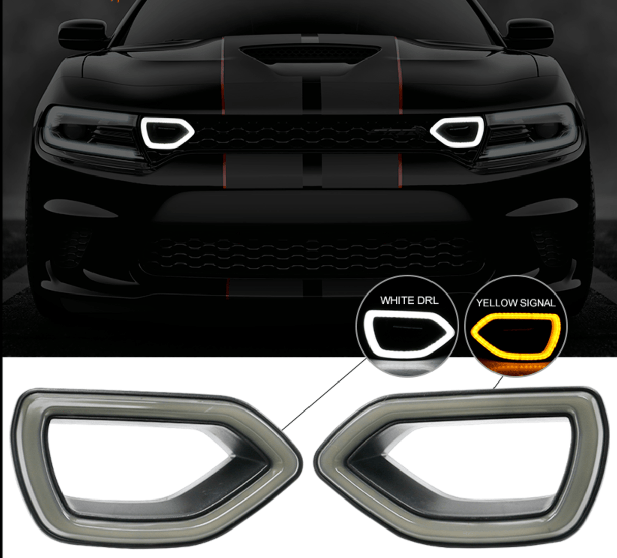 2015-2023 Dodge Charger Switchback White/Amber LED Grill Snorkel Air Intake Light Assembly LED headlight kit AutoLEDTech Oracle Lighting Trendz Flow Series RGBHaloKits OneUpLighting Morimoto