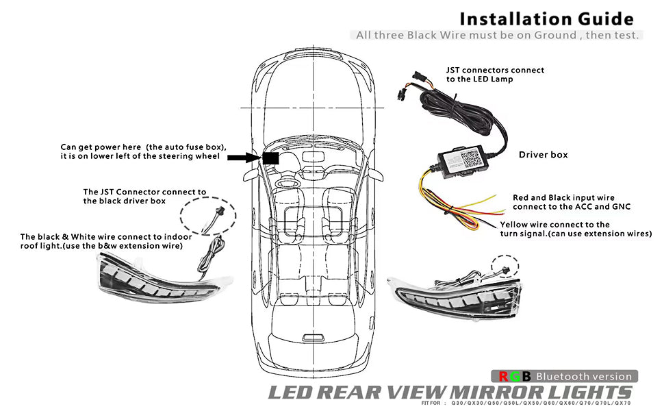 2014-2023 Infiniti Q50 Q60 Q70 Flow Series RGB LED Side Mirror Lights + Turn Signals