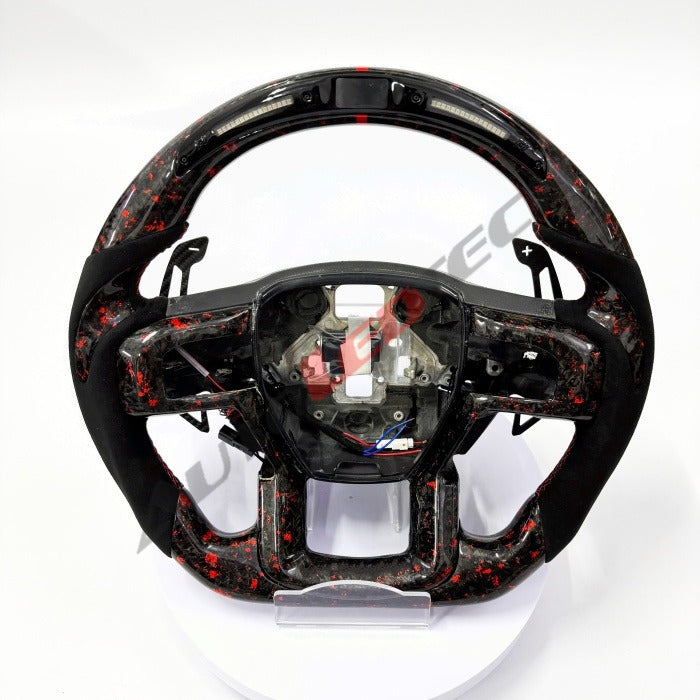 Ford F150 Raptor magnetic paddle shifters installed on forged carbon LED steering wheel