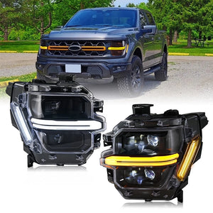 2024-2026 Ford F150 White + Amber LED DRL Projector Headlights (STX XLT XL) - AutoLEDTech.com