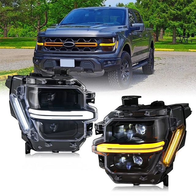 2024-2026 Ford F150 White + Amber LED DRL Projector Headlights (STX XLT XL) - AutoLEDTech.com