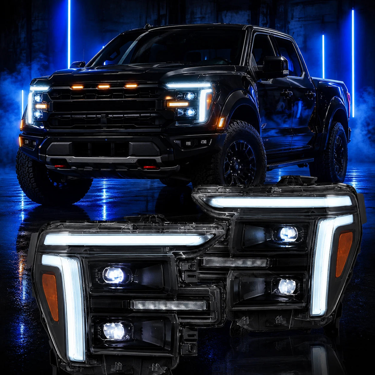 2024-2027+ Ford F150 & Raptor White/Amber LED Projector Headlights