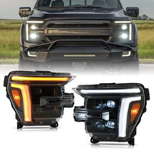 2024-2026 Ford F150 + Raptor White/Amber LED Projector Headlights - AutoLEDTech.com