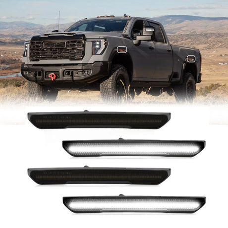 2020-2026+ GMC Sierra HD 2500 Smoked White Amber SCANNING LED Side Markers - AutoLEDTech.com